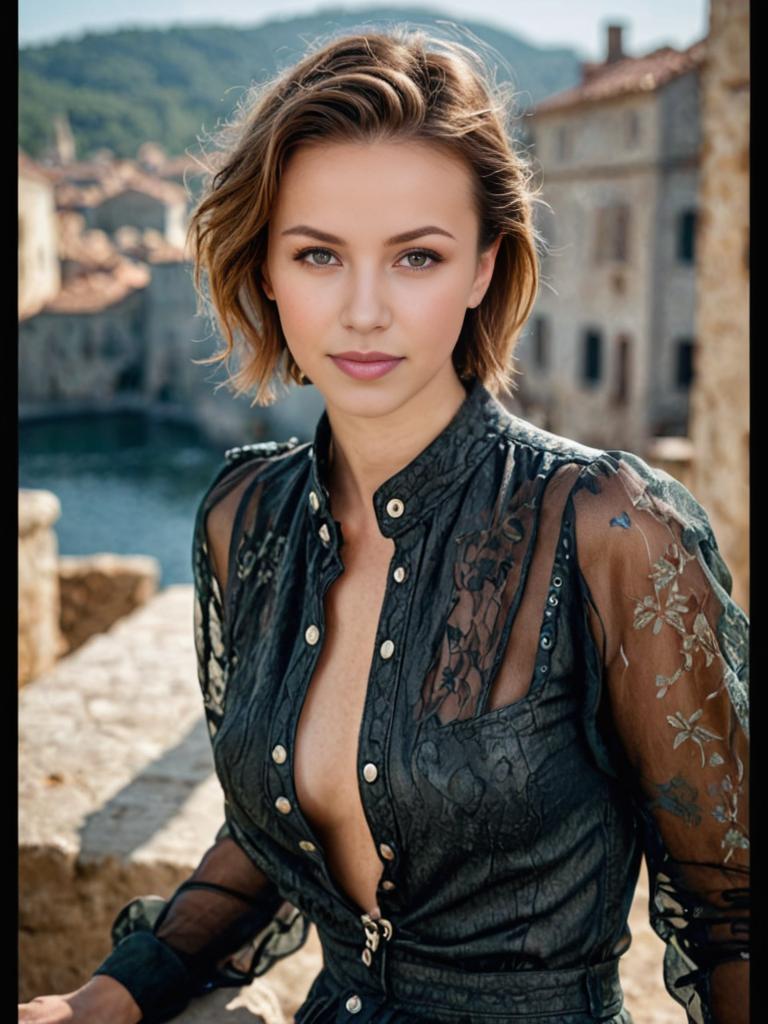 Woman in Black Lace Dress on Balcony