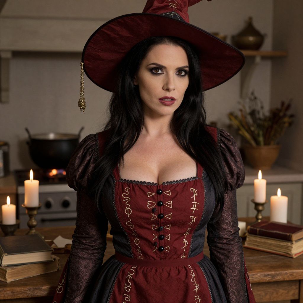 Woman in Vintage Witch Costume with Candles and Books in Mystic Setting