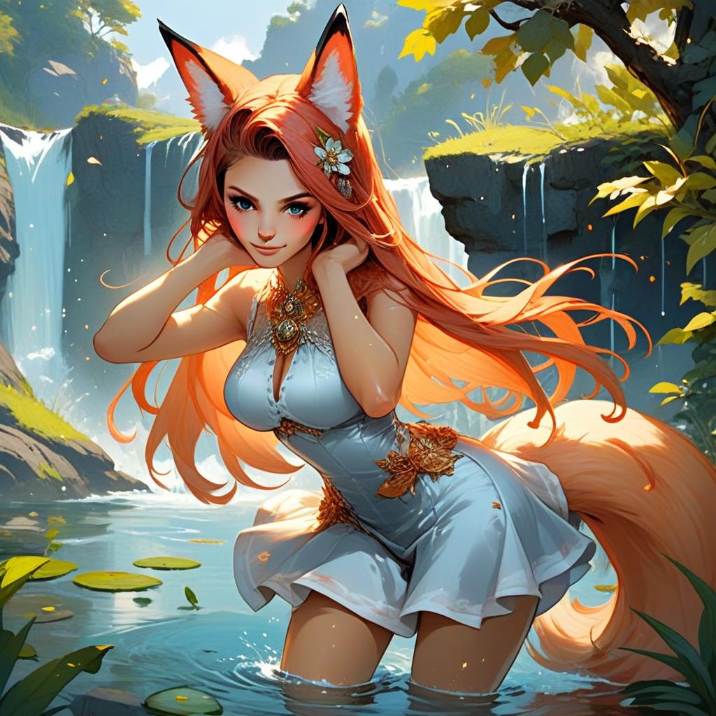 Anime Fox Girl with Long Orange Hair in Waterfall Fantasy Setting