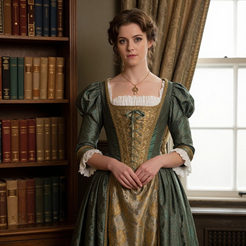 18th Century Style Woman in Elegant Brocade Gown in Vintage Library