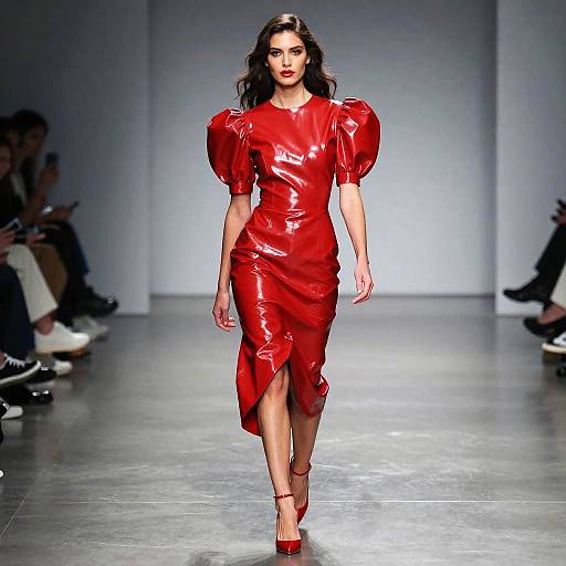 Woman in Bold Red Latex Dress with Puffed Sleeves on Runway
