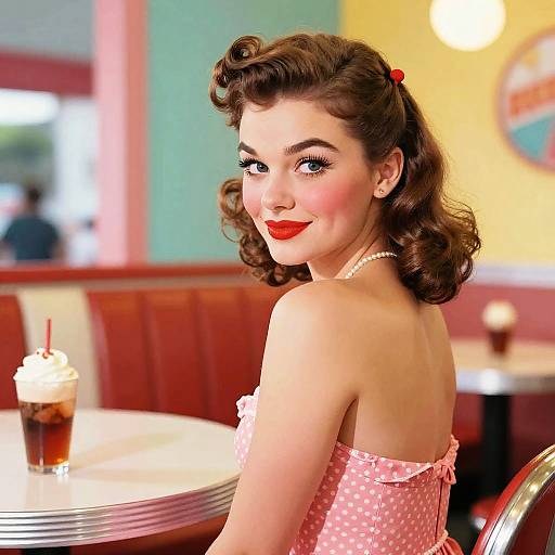 Vintage 1950s Style Woman in Retro Diner with Polka Dot Dress