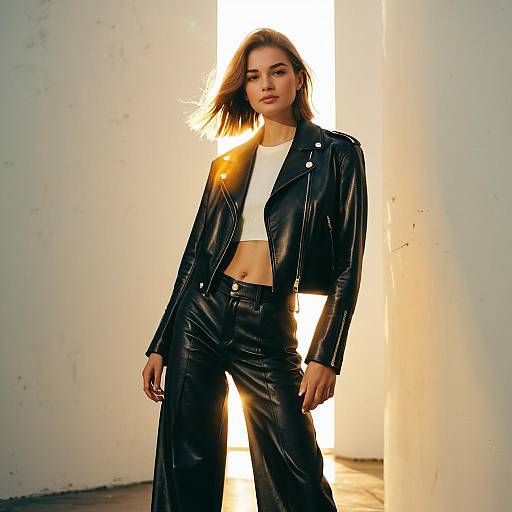 Stylish Young Woman in Black Leather Jacket and Pants with White Crop Top