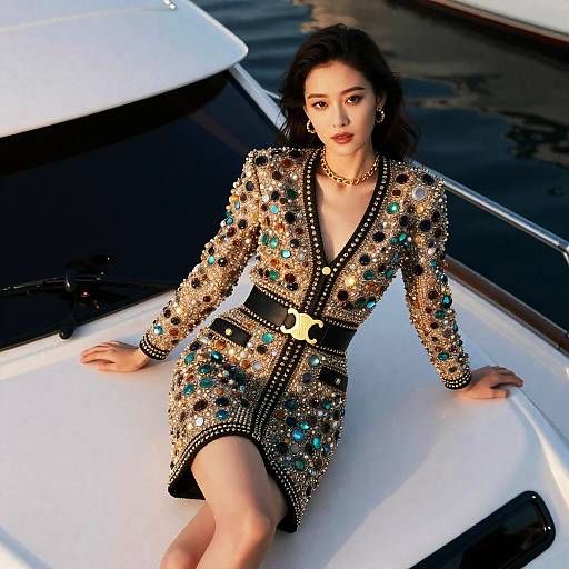 Elegant Woman in Embellished Gemstone Dress on Yacht