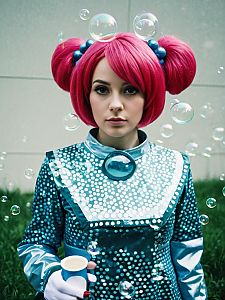 Woman Cosplay Bubbles Powerpuff Girls Costume Realistic Photo