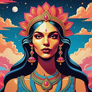 Elegant Woman in Traditional Jewelry Against a Mystical Night Sky