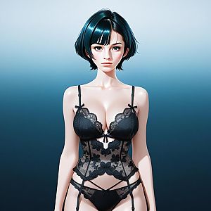Digital Art of Woman in Black Lace Lingerie with Short Bob Hair