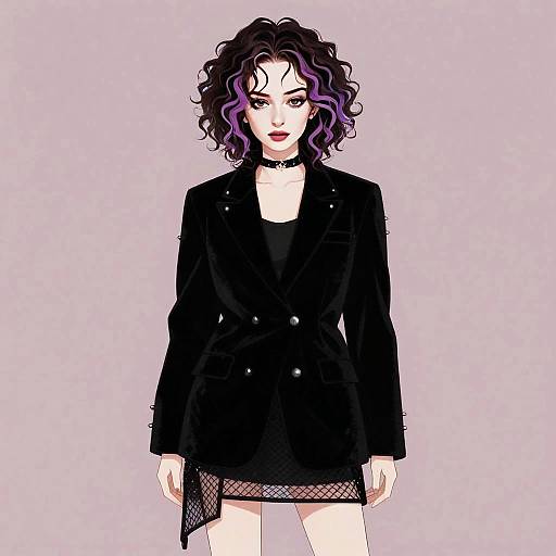 Gen Z Woman in Black Velvet Blazer with Purple Hair Highlights Fashion Illustration