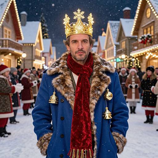 Winter Village Man Wearing Royal Blue Coat and Golden Crown in Festive Christmas Scene