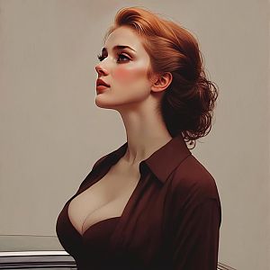 Digital Portrait of Red-Haired Woman in Maroon Shirt
