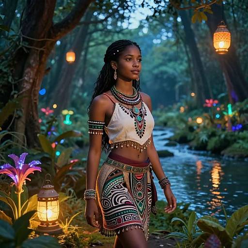 Tribal Inspired Woman Walking Along Stream in Enchanted Forest with Lanterns