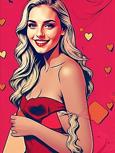 Smiling Woman in Red Dress with Hearts