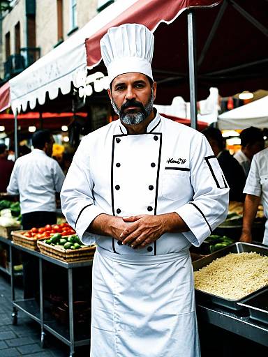 Man in Chef Costume Photorealistic Outdoor Portrait in Market Scene