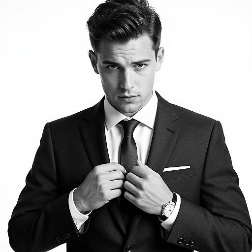 Confident Young Man in Sharp Suit Monochrome Portrait