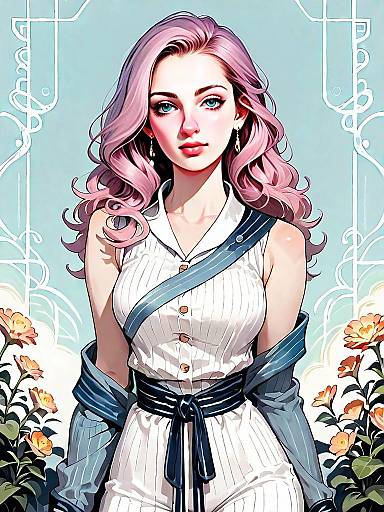 Anime Style Portrait of a Pink-Haired Woman in White Dress with Floral Background