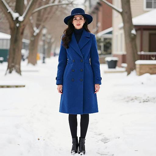 Winter Semi-Formal Woman in Blue Coat and Hat Standing in the Snow