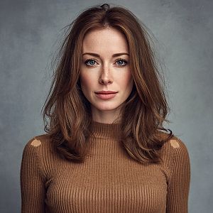 Close-up portrait of a woman in brown sweater