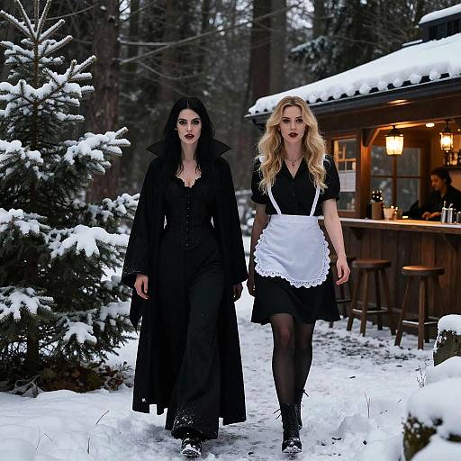 Gothic and Vintage Maid Cosplay in Snowy Forest Setting