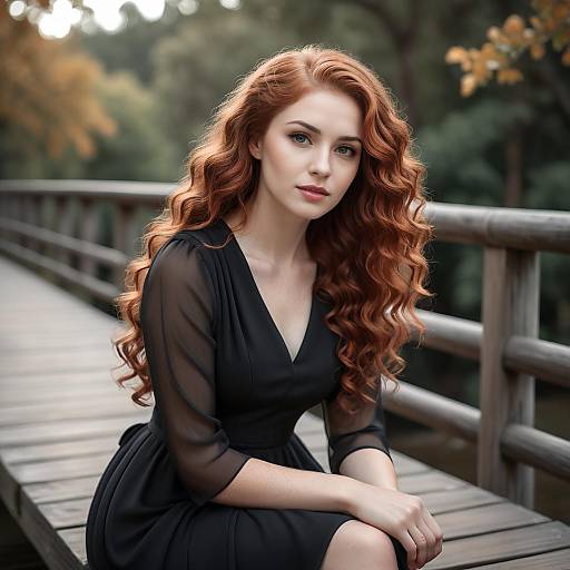 Portrait of Red-Haired Woman Sitting on Wooden Bridge in Black Dress