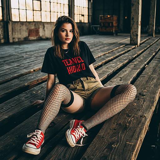 Young Woman in Street Fashion Sitting on Wooden Planks in Industrial Warehouse