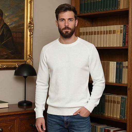 Man Wearing White Sweater in Classic Library Setting