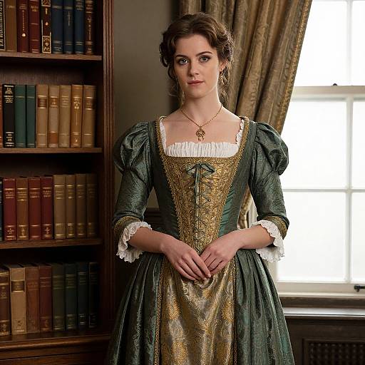 18th Century Style Woman in Elegant Brocade Gown in Vintage Library
