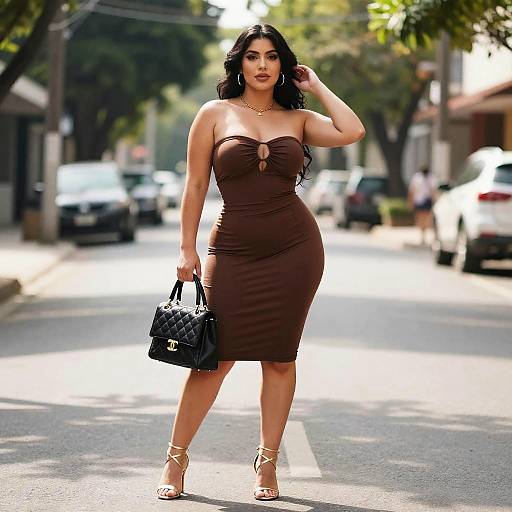 Trendy Woman Wearing Brown Strapless Dress with Black Quilted Handbag on City Street