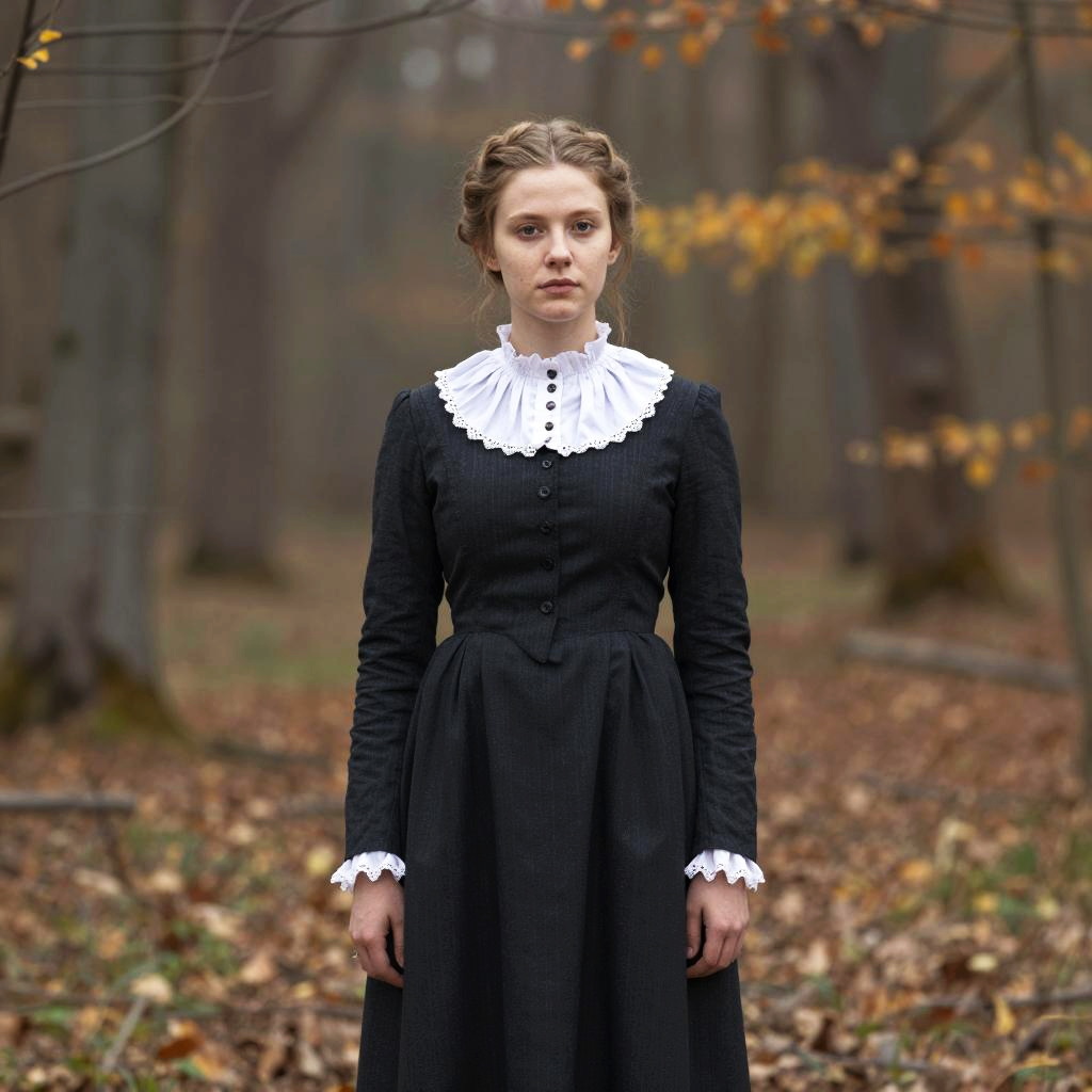 Young Woman in Vintage Gothic Dress Standing in Autumn Forest