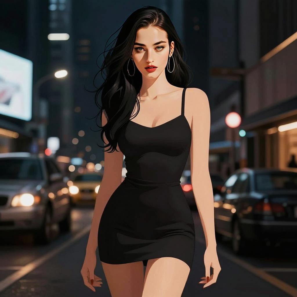 Stylish Young Woman in Black Dress on City Street at Night Digital Art