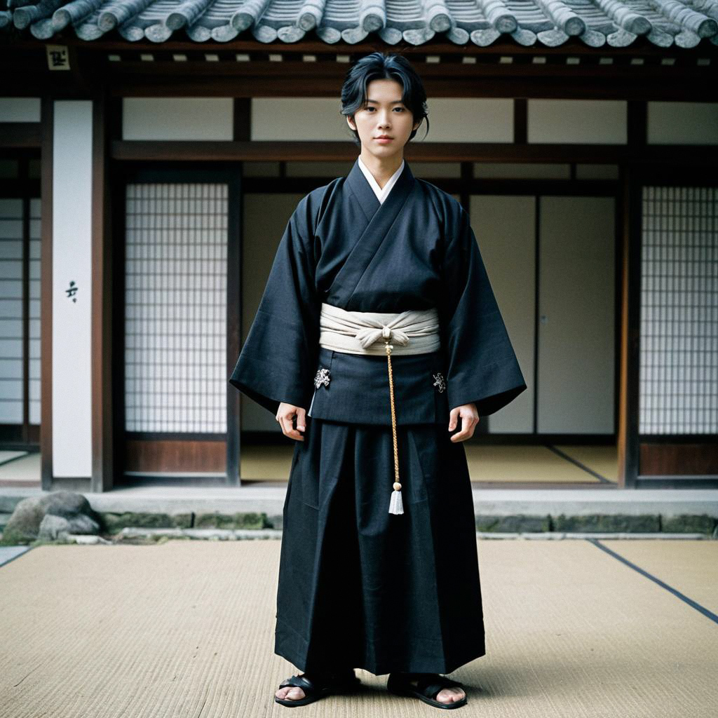 Young Man in Traditional Black Kimono with White Obi