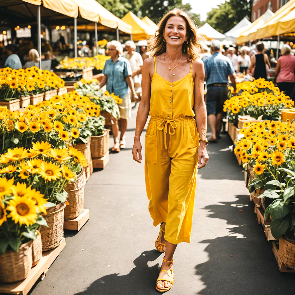 Cheerful Woman in Yellow Jumpsuit at Summer Market