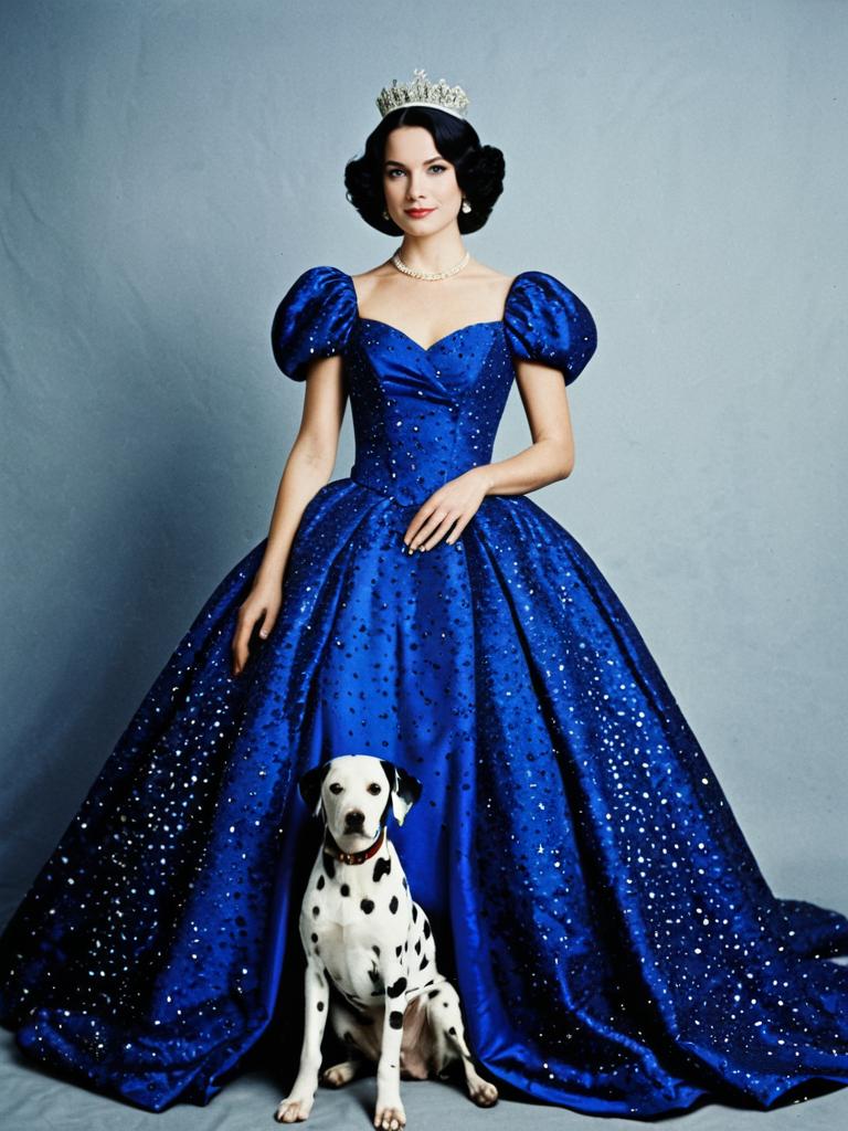 Elegant Woman in Royal Blue Ball Gown with Dalmatian Dog