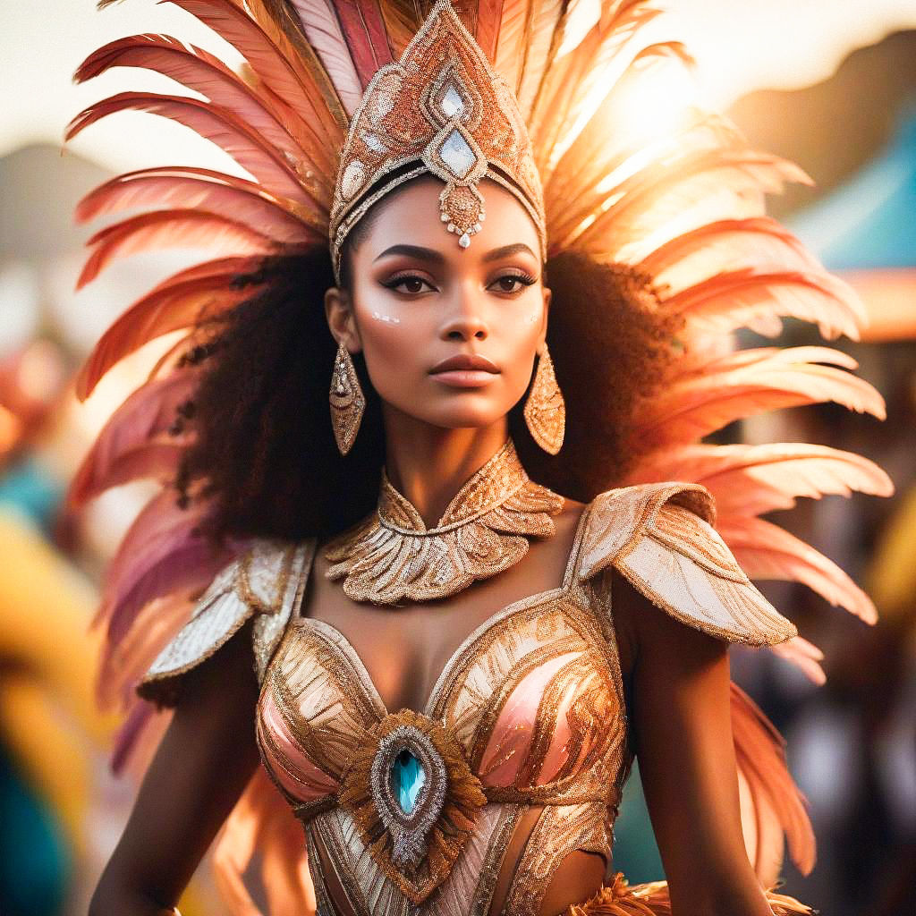Vibrant Woman in Ornate Costume with Feathered Headdress