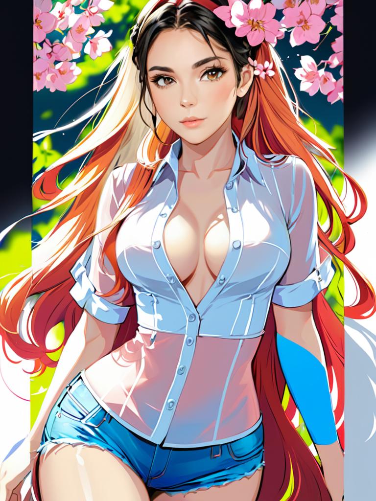 Anime Woman with Red Hair in Blue Shirt and Denim Shorts