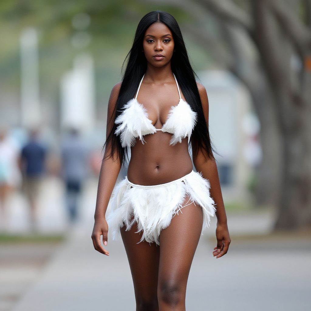 Woman in White Feather Bikini Walking Outdoor