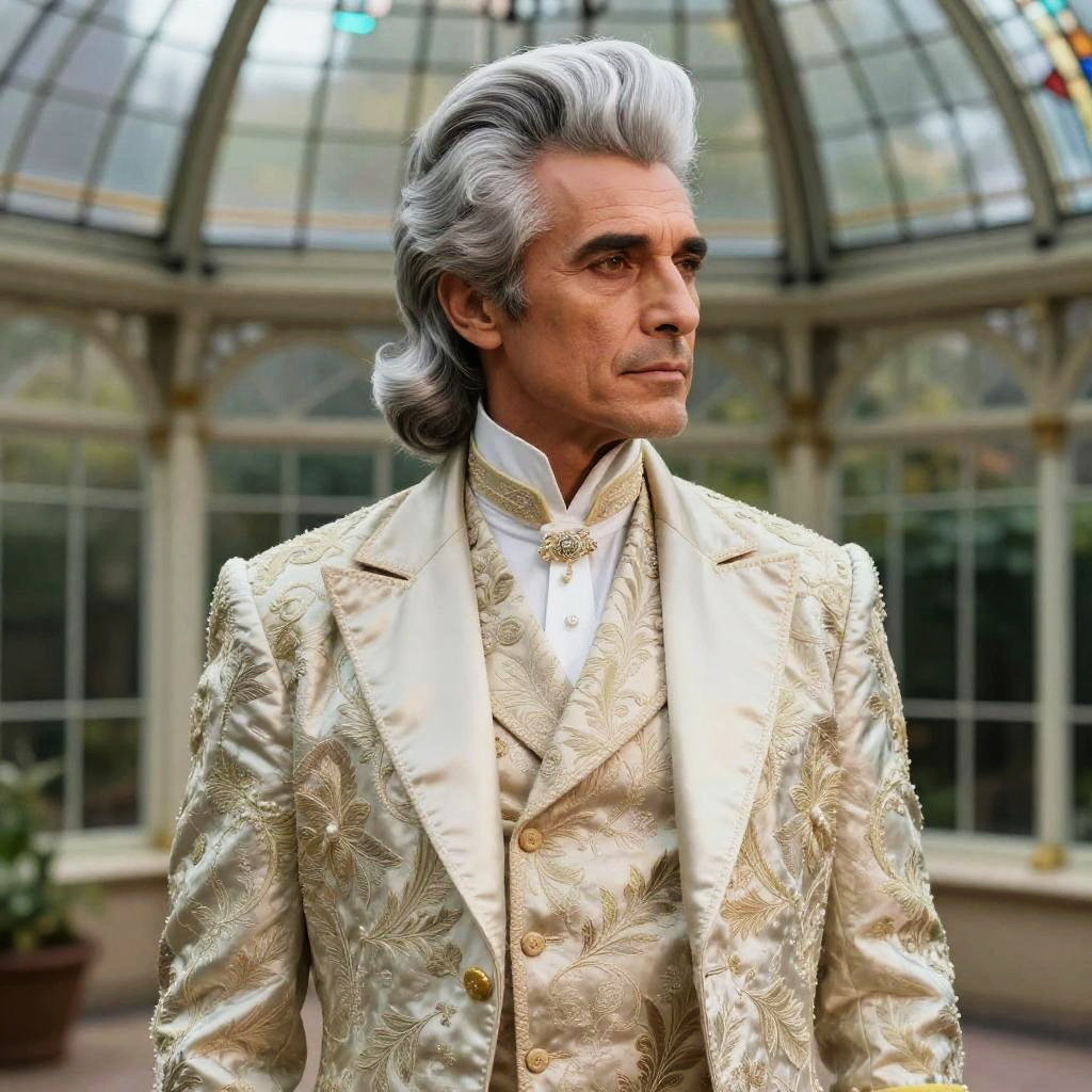 Distinguished Man in Ornate Cream and Gold Victorian Style Suit