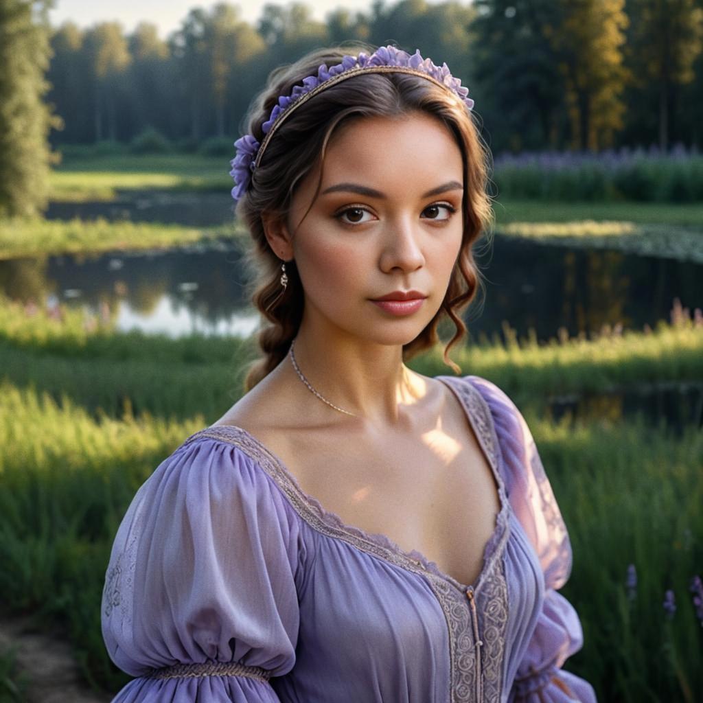 Serene Woman in Lavender Dress by Tranquil Water