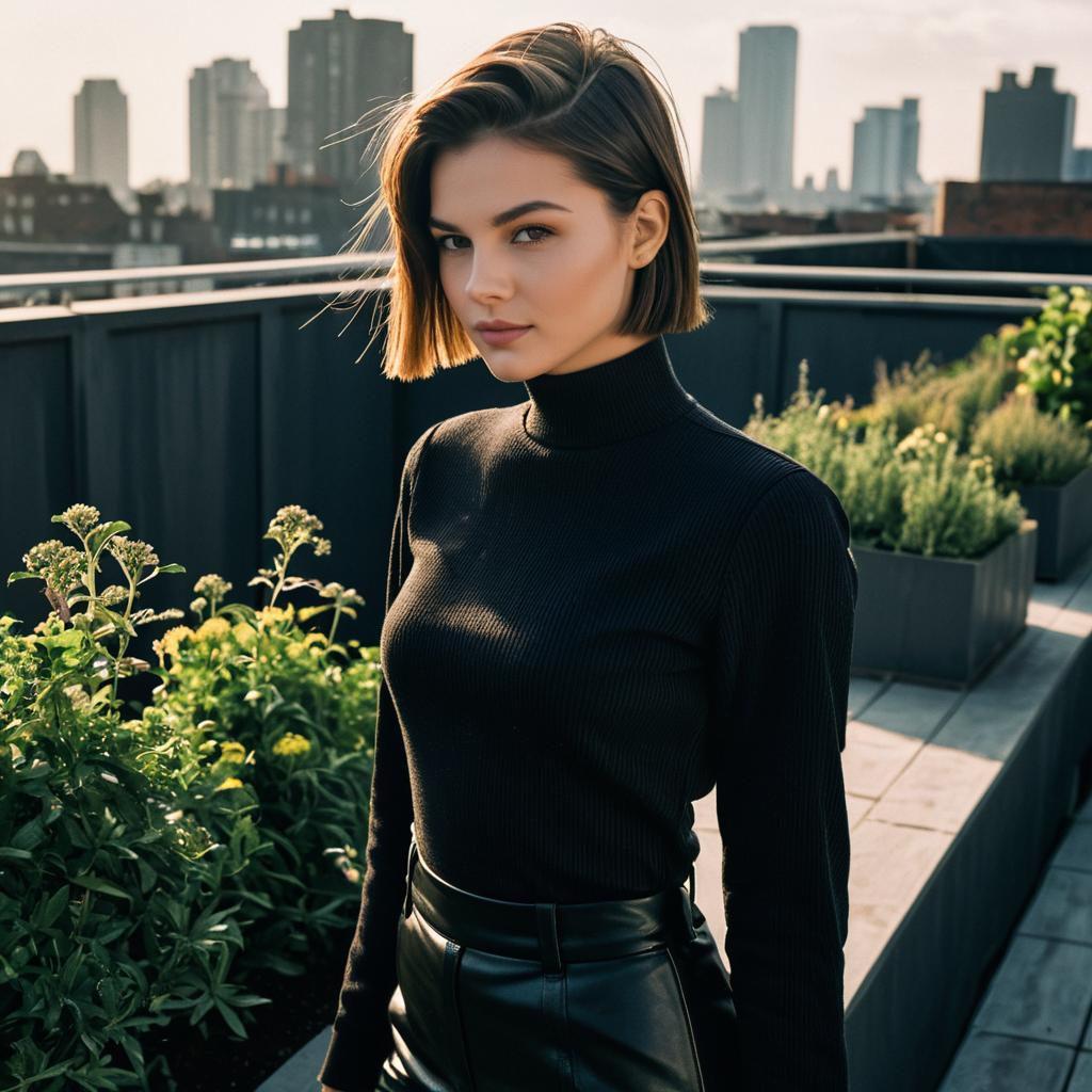 Confident Woman in Black Turtleneck on Urban Rooftop Garden