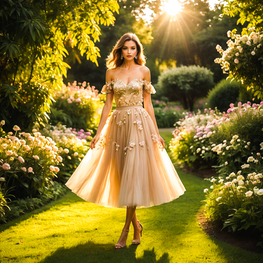 Elegant Woman in Floral Gown Surrounded by a Vibrant Garden