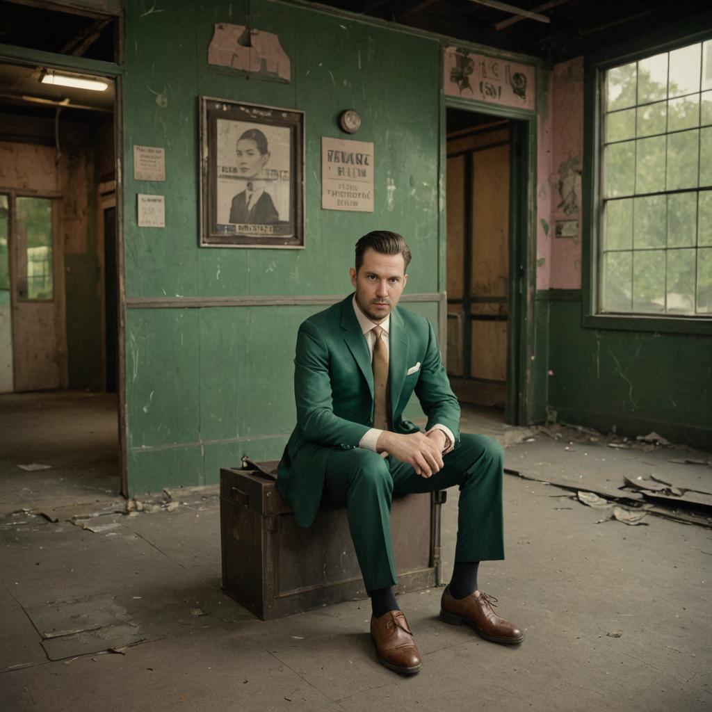 Vintage Man in Green Suit Against Worn Interior