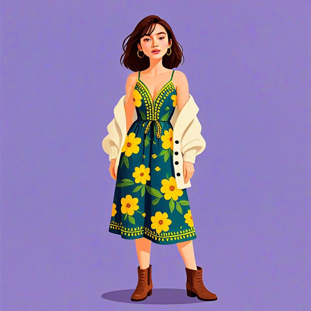 Bohemian Woman in Floral Sundress with A-Line Cut and Cardigan
