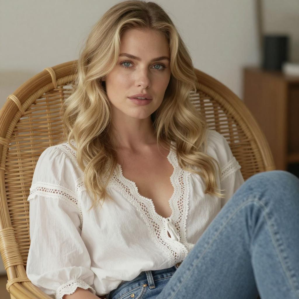 Casual Gen Z Woman Relaxing in Woven Chair with Natural Look