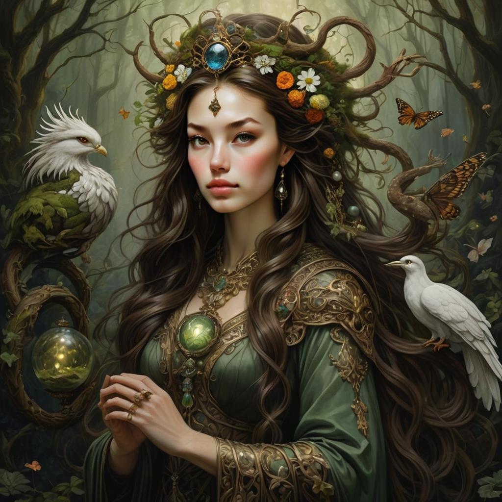 Fantasy Woman in Enchanted Forest with Eagles and Butterflies