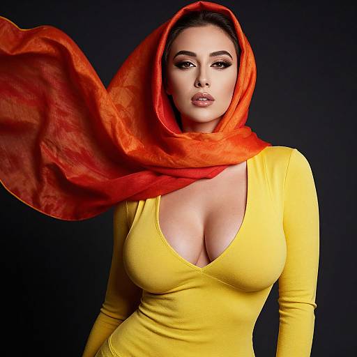 Woman in Yellow Dress with Flowing Orange Scarf Fashion Portrait