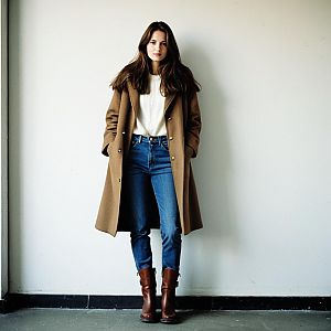 Woman Wearing Camel Long Coat, Jeans and Brown Boots Standing Indoors
