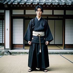 Young Man in Traditional Black Kimono with White Obi