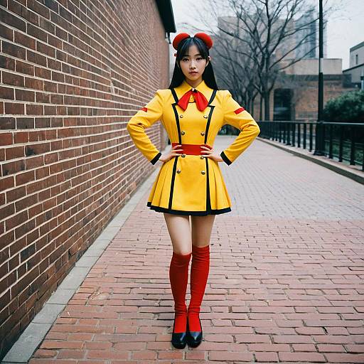 K-pop Costume Woman in Yellow and Red Outfit Standing on Brick Pathway