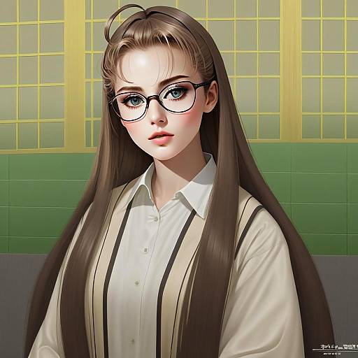 Anime Portrait of Hasegawa Chisame with Glasses and Long Hair