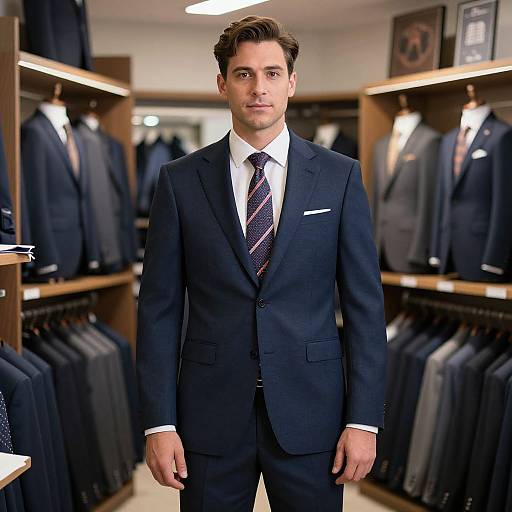 Man Wearing Tailored Suit in High-End Boutique with Suits on Display