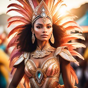 Vibrant Woman in Ornate Costume with Feathered Headdress